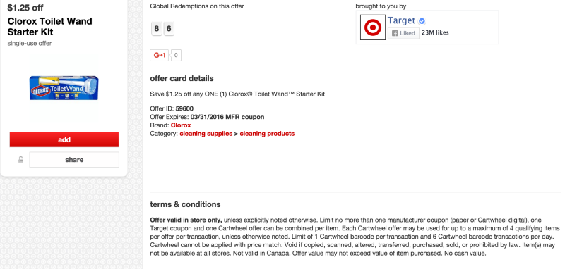 Target cartwheel manufacturer's coupon, sample terms & conditions text