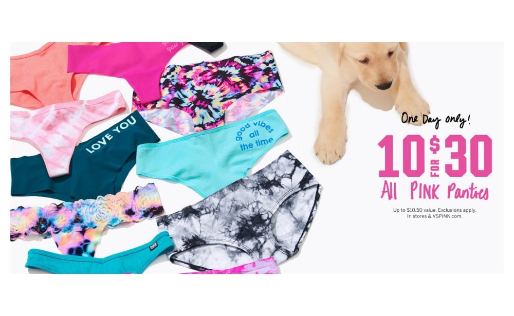 10 for $30 All PINK Panties at Victoria's Secret (Reg.$10.50 each)