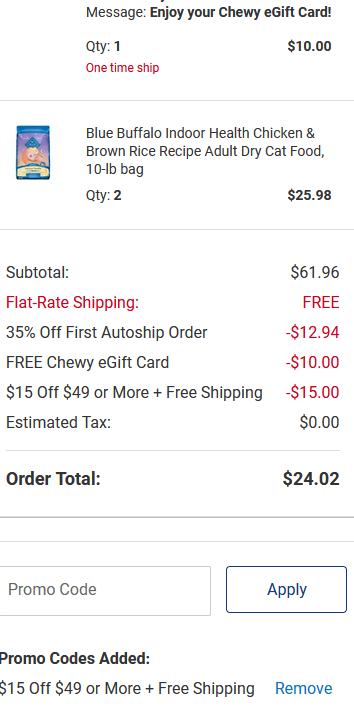 Blue Buffalo Cat Triple Stacking Gift Card Deal at Chewy Spend