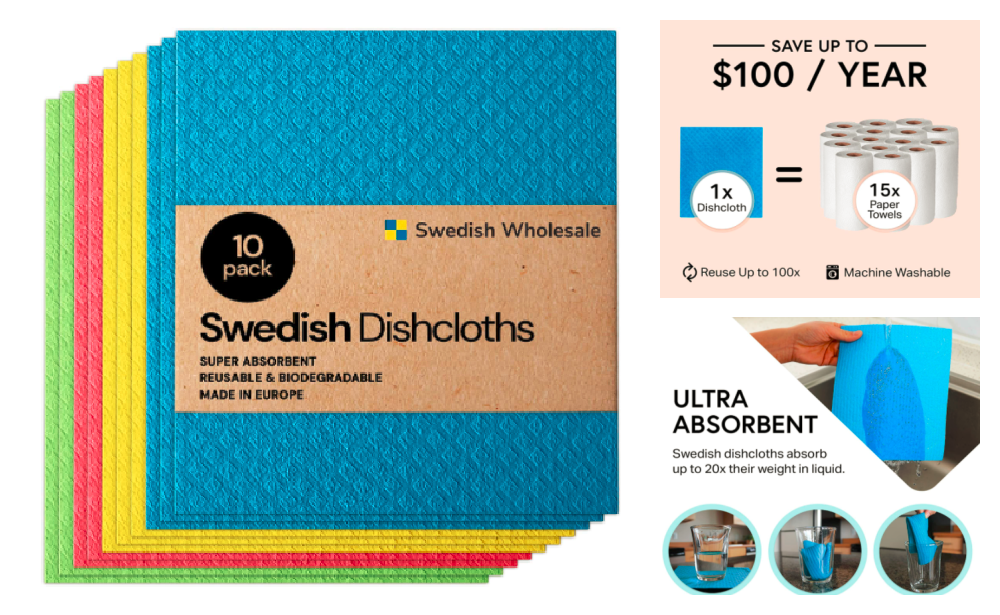 Ultra-Absorbent Reusable Swedish Dish Cloths - 10 Pk Assorted
