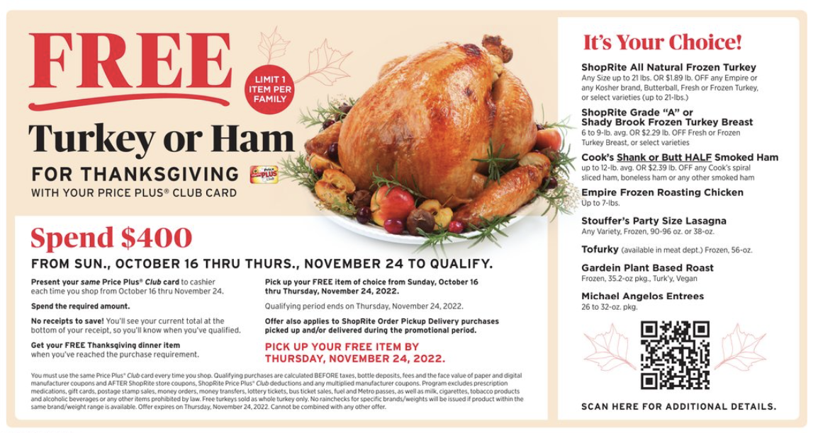 ShopRite Holiday Dinner Promo Earn a FREE Turkey, Ham + More Options