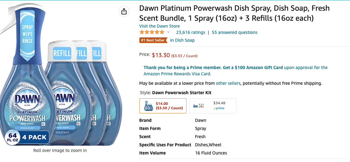 Dawn Platinum Powerwash 1Spray + 3Refills (16oz ea) Dish Soap Spray Fresh  Scent