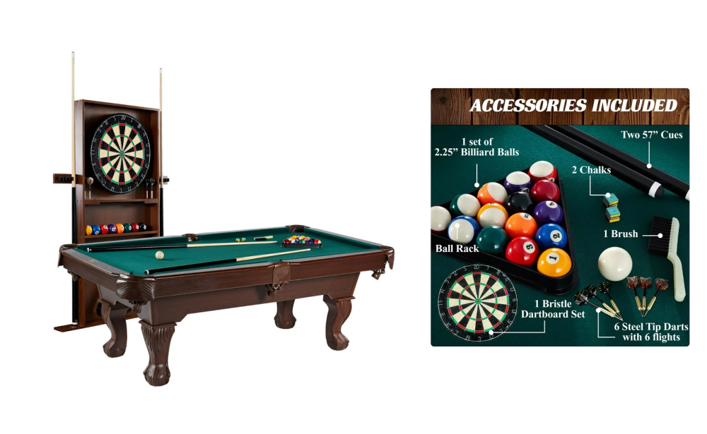 Barrington Billiards 90 Ball and Claw Leg Pool Table with Cue Rack,  Dartboard Set, Green, New