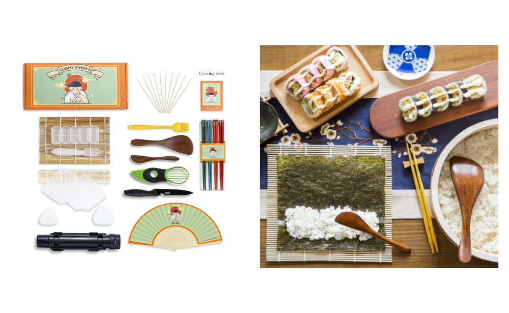Flyan 12Pcs Bamboo Sushi Tools Set with 2 Sushi Roller Mats，5 Chopsticks，1  Paddle, 1 Spreader, 2 Plates and1 DIY Onigiri Rice Ball Making Kit for DIY