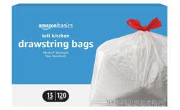 Stock Up Price! Amazon Basics Flextra Tall Kitchen Drawstring Trash Bags 120 Ct